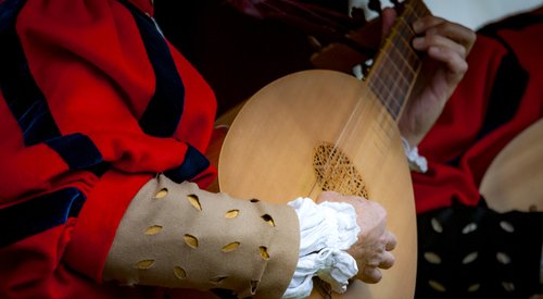 Closeup of the hands of a medieval court musician playing the lute