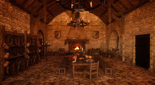 Medieval kitchen with stone floor and walls, wine barrels, a table with food on and an open fire buring in a fireplace. 3D illustration.